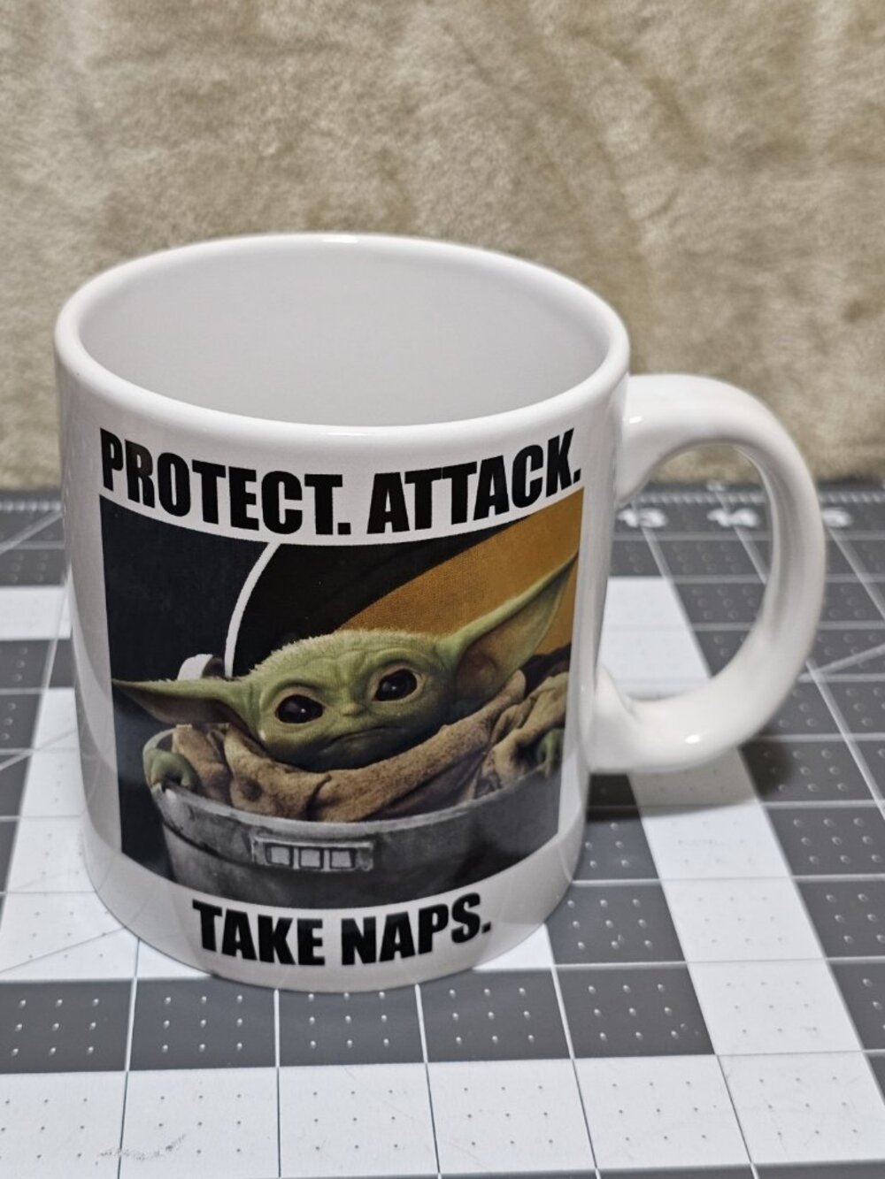 Double Sided Star Wars Baby Yoda Coffee Cup  Mug "Protect. Attack. Take Naps."
